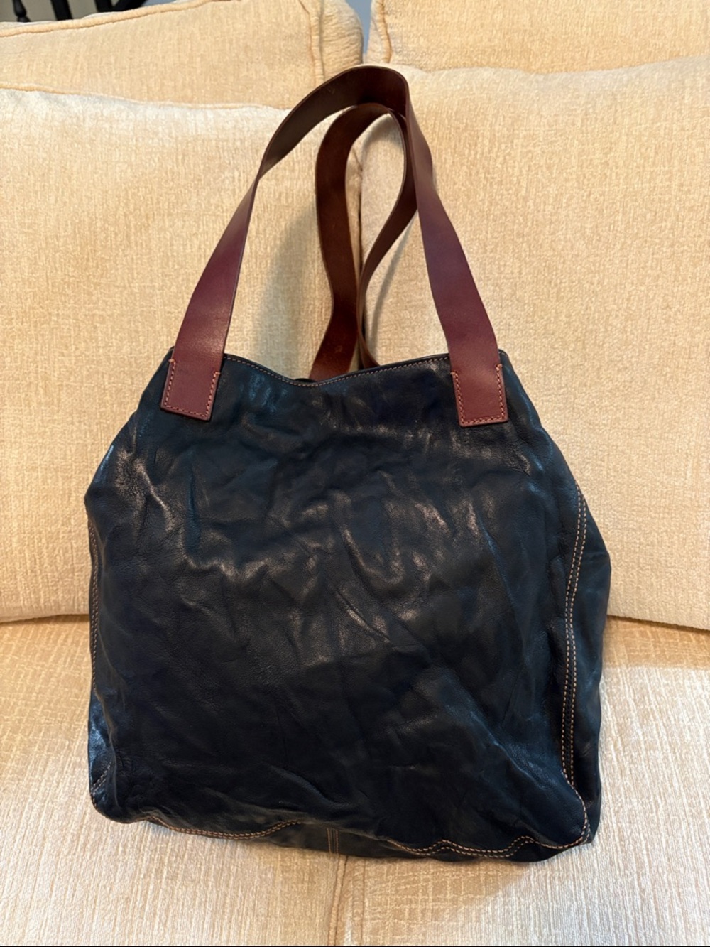 Black Leather Tote with Brown Handles